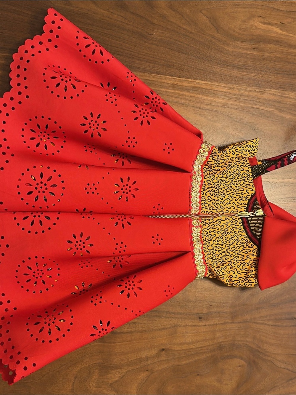 Red Eyelet Skater Dress with Gold Trim
